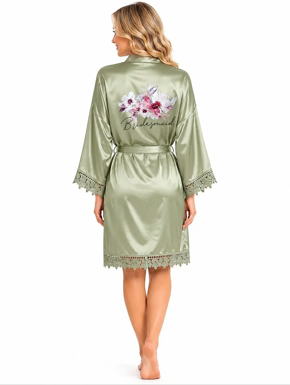 Dusty Sage Satin Lace Bridesmaid Robe Floral Wedding Getting Ready Robe